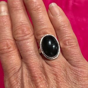 Sterling Silver Ring Large Black Oval Stone; Unisex
